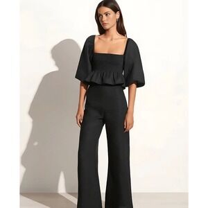 NWT Commense Linen Blend Puff Sleeve Smocked Crop Top Peplum Square‎ Neck Size L